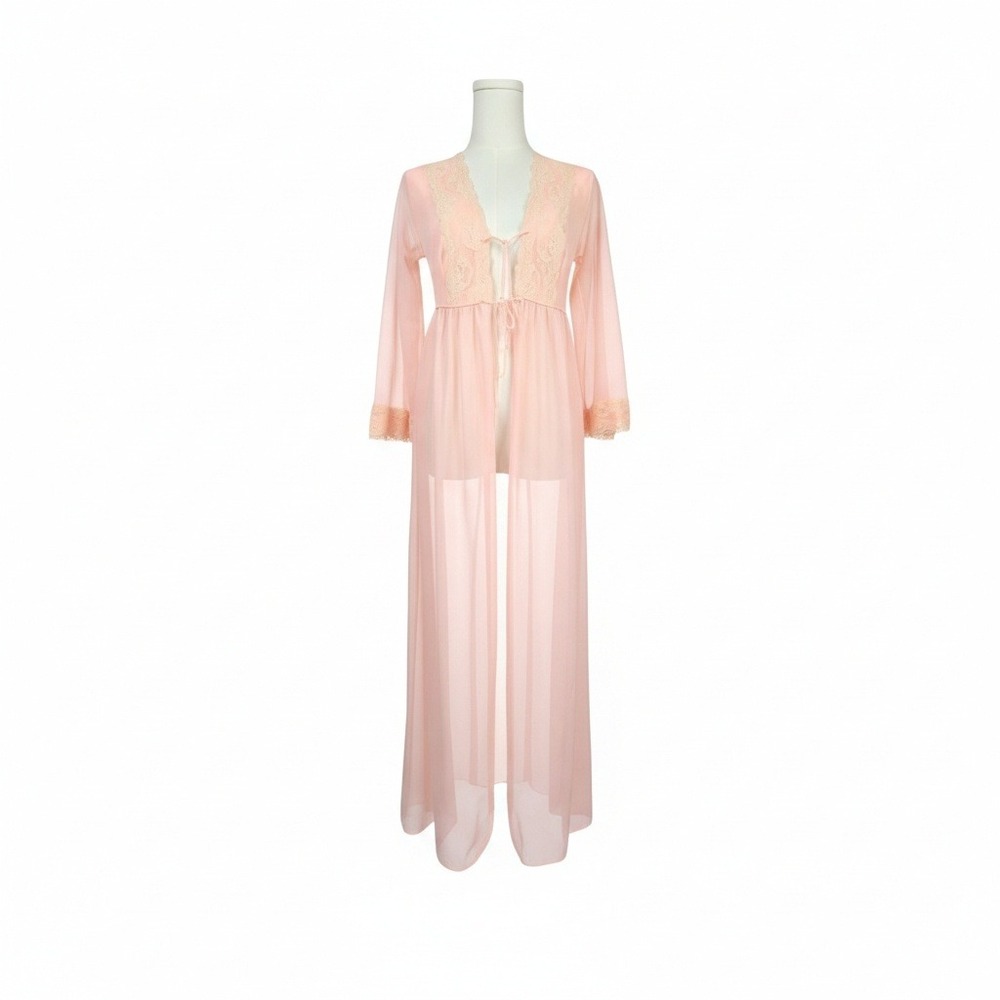 Vintage 60s 70s Pink Sheer Mesh Lace Trim Maxi Robe Nightgown Union Made SM